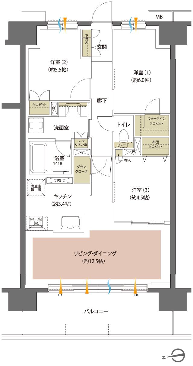 レーベン盛岡紺屋町の間取り図　C：3LDK+GC+WIC