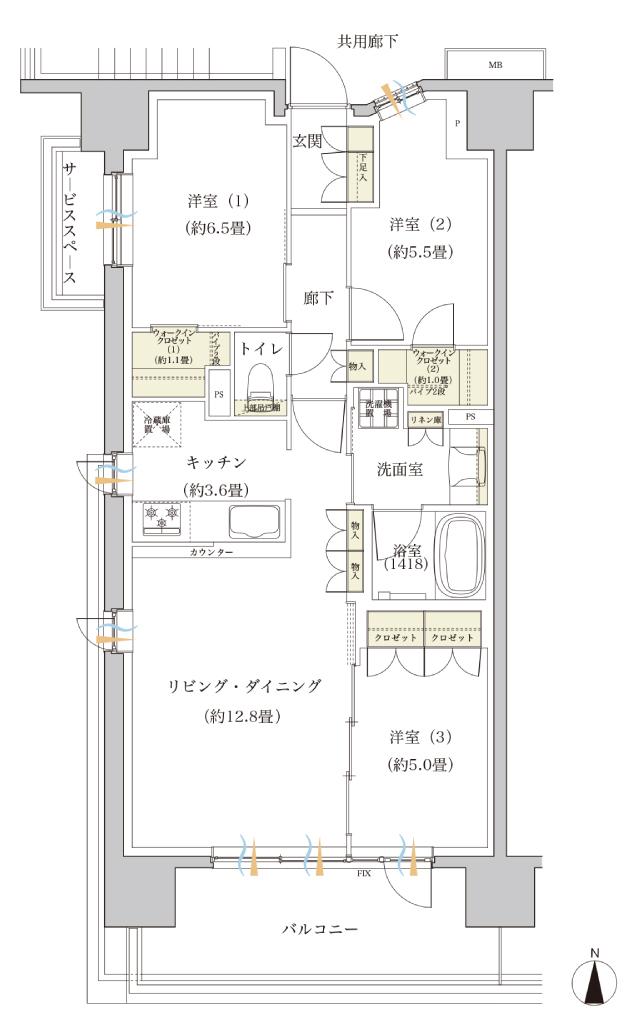 ウエリス仙台長町南の間取り図　E：3LDK+2WIC