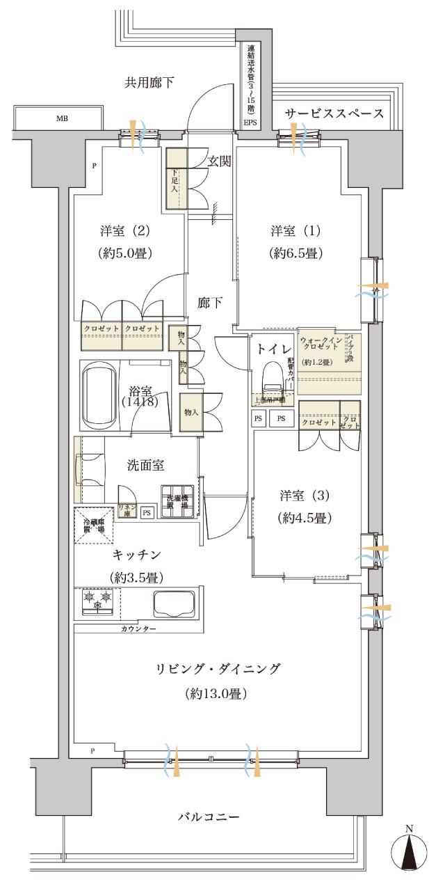 ウエリス仙台長町南の間取り図　A：3LDK+WIC