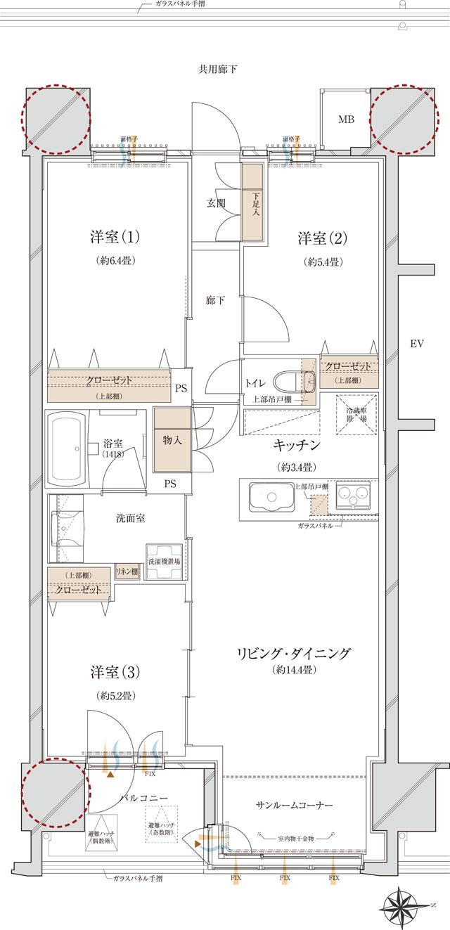 ウィザースレジデンス秋田ザ・タワーの間取り図　B：3LDK