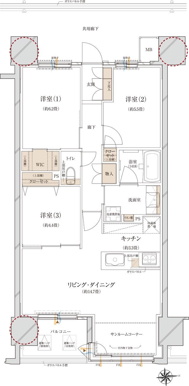 ウィザースレジデンス秋田ザ・タワーの間取り図　D：3LDK+WIC