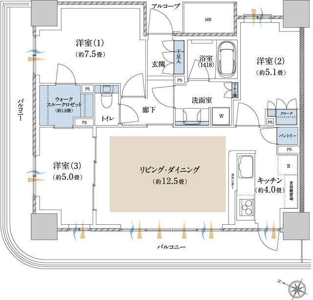 パークホームズ仙台中央の間取り図　I：3LDK+WTC