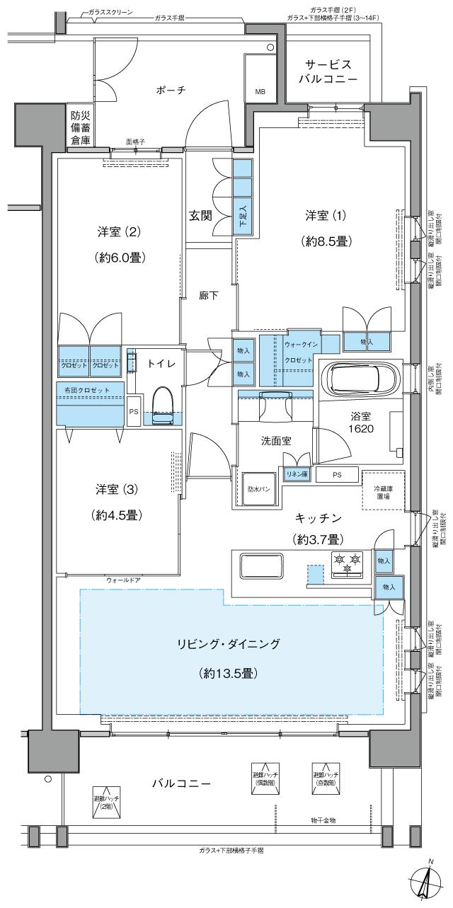 ブランシエラ仙台春日町（定禅寺通緑地レジデンス）の間取り図　F：3LDK
