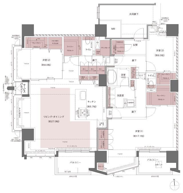 レーベン秋田 THE IMPERIAL TOWERの間取り図　K(SELECT PLAN2)：3LDK+GC+FC+3WIC+SIC