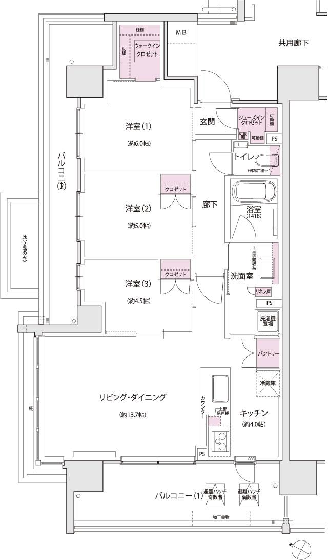 シエリア仙台五橋の間取り図　A：3LDK+WIC+SIC