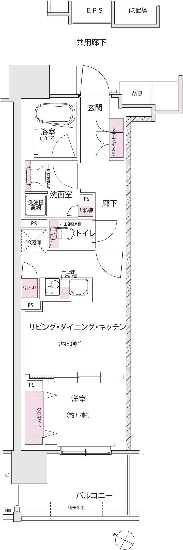 シエリア仙台五橋の間取り図　B：1LDK