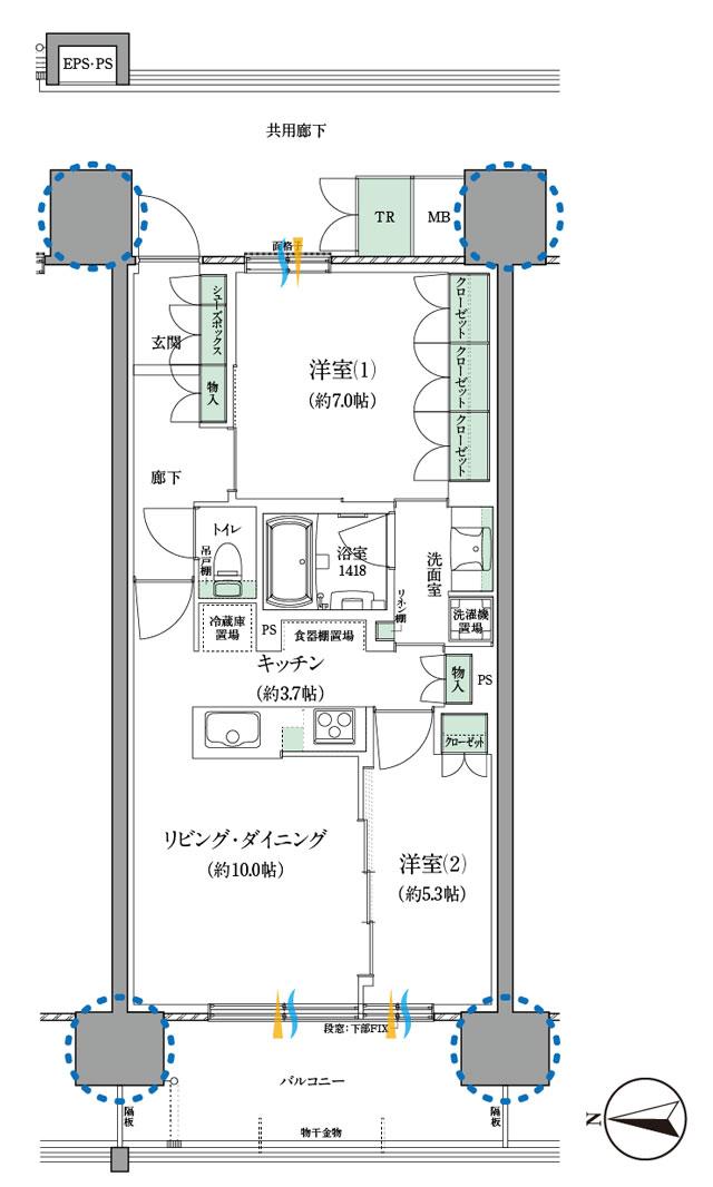 セントラルパーク盛南新都心の間取り図　B：2LDK
