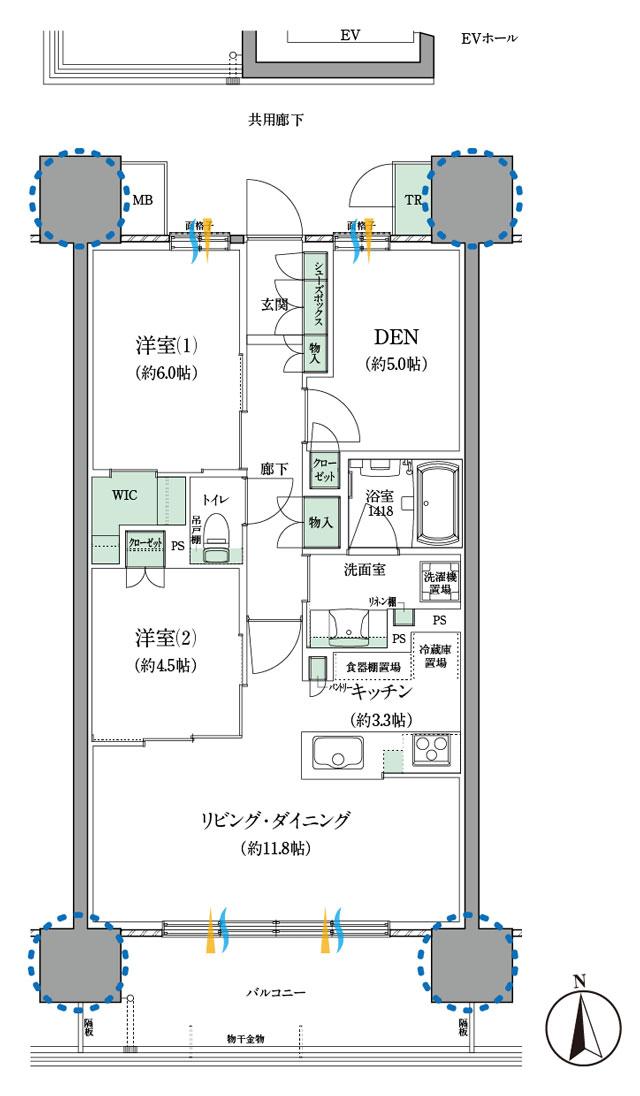 セントラルパーク盛南新都心の間取り図　H：2LDK+DEN+WIC
