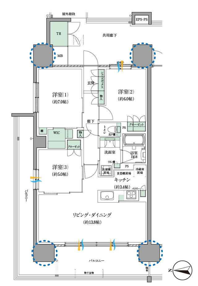 セントラルパーク盛南新都心の間取り図　A：3LDK+WIC