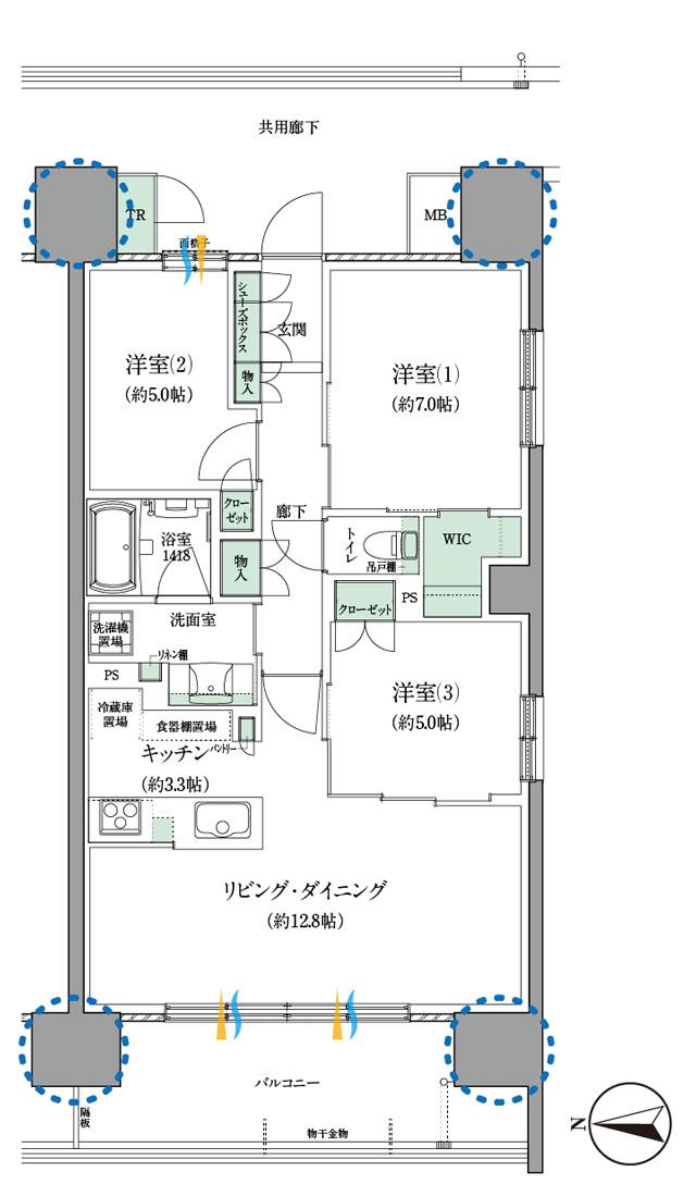 セントラルパーク盛南新都心の間取り図　E：3LDK+WIC