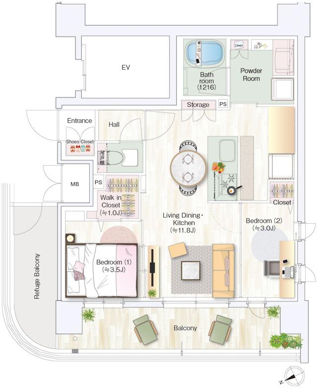 デュオヴェール仙台長町の間取り図　A：2LDK+WIC