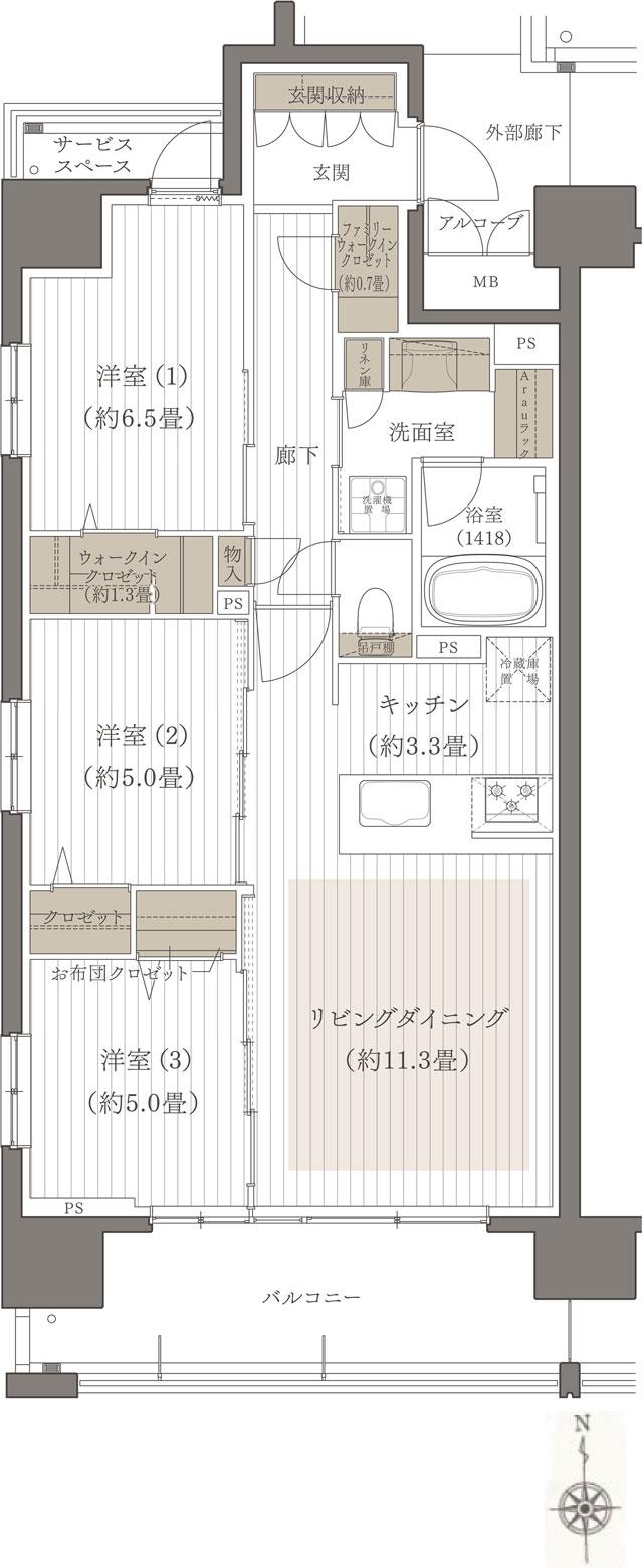 デュオヒルズ麓山ザ・レジデンスの間取り図　A：3LDK+WIC+FC+FWIC