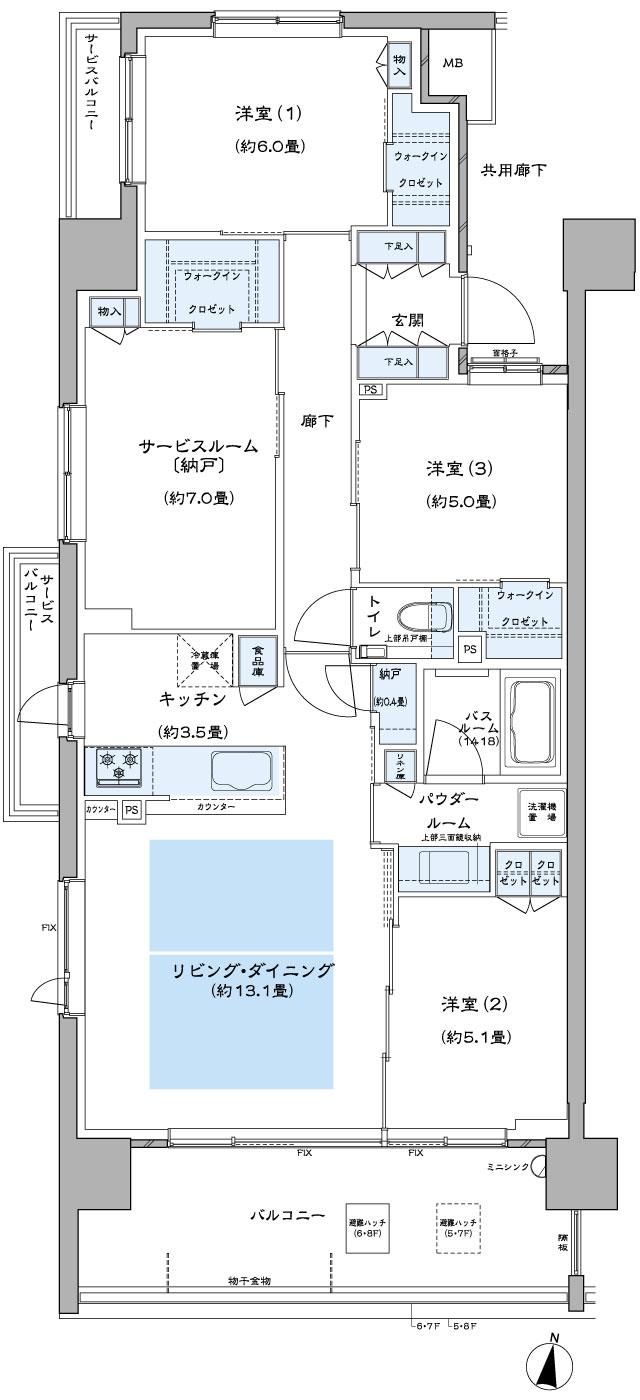 シティテラス上杉の間取り図　Aa-標準：3LDK+S+N+3WIC