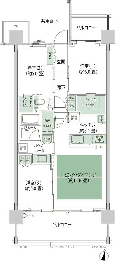 シティテラス上杉の間取り図　B2'-標準：3LDK+N+2WIC