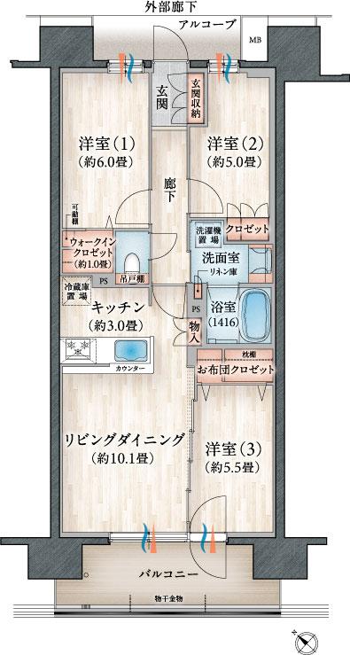 デュオヒルズ八戸ザ・マークスの間取り図　C：3LDK+WIC
