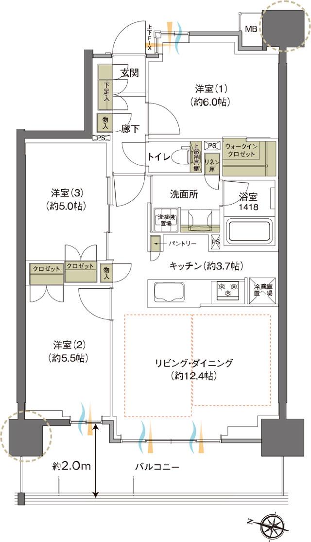 レーベン木町通 THE MAISONの間取り図　B：3LDK+WIC