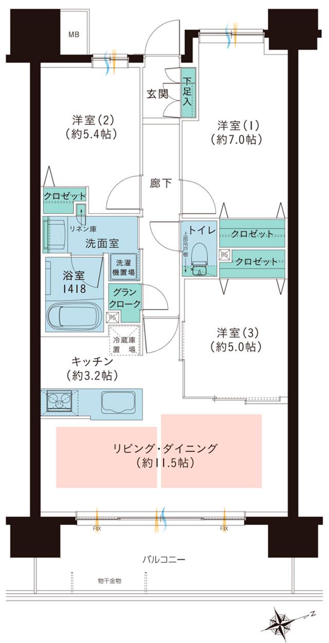 レーベン・グランデ美田園ONE FLAGの間取り図　C：3LDK+GC