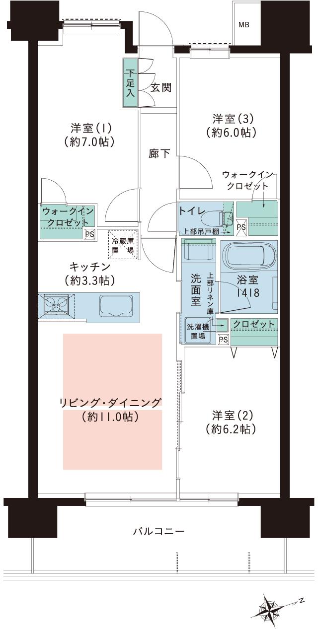 レーベン・グランデ美田園ONE FLAGの間取り図　F：3LDK+2WIC