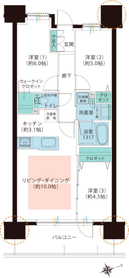 レーベン・グランデ美田園ONE FLAGの間取り図　D：3LDK+WIC