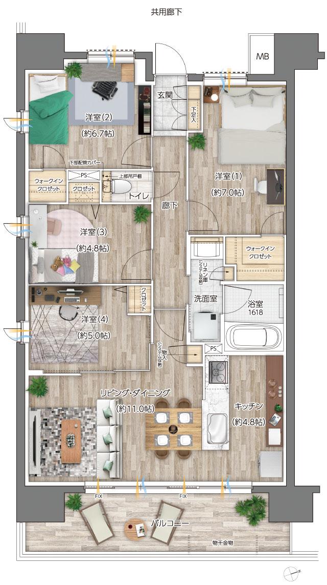 レーベン・グランデ美田園ONE FLAGの間取り図　A：4LDK+2WIC