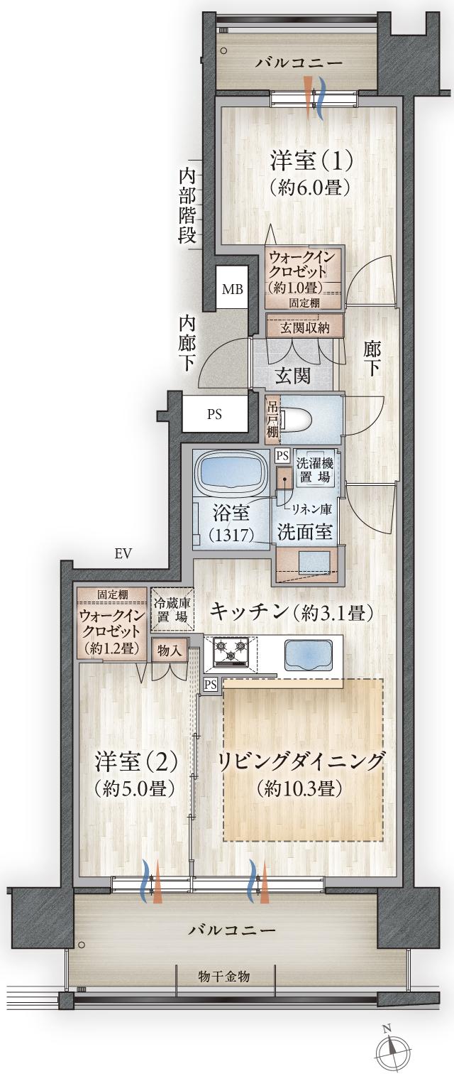 デュオヒルズ弘前駅前の間取り図　D：2LDK+2WIC