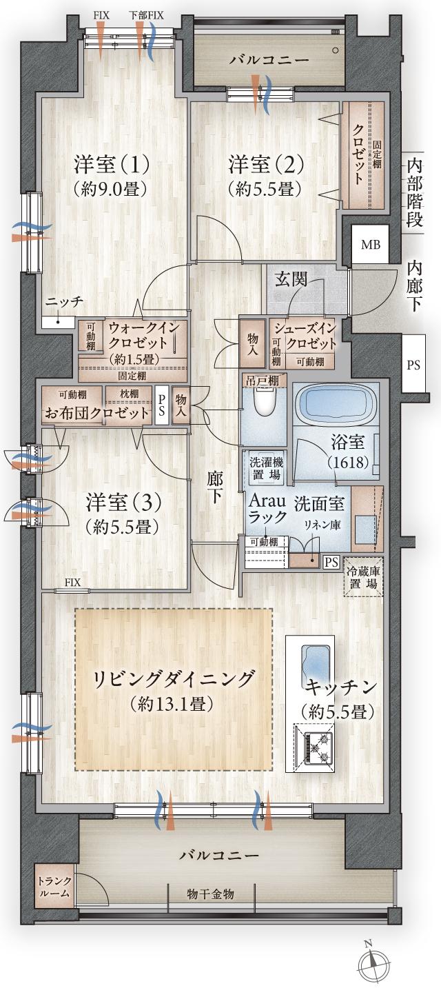 デュオヒルズ弘前駅前の間取り図　A：3LDK+WIC+SIC+FC