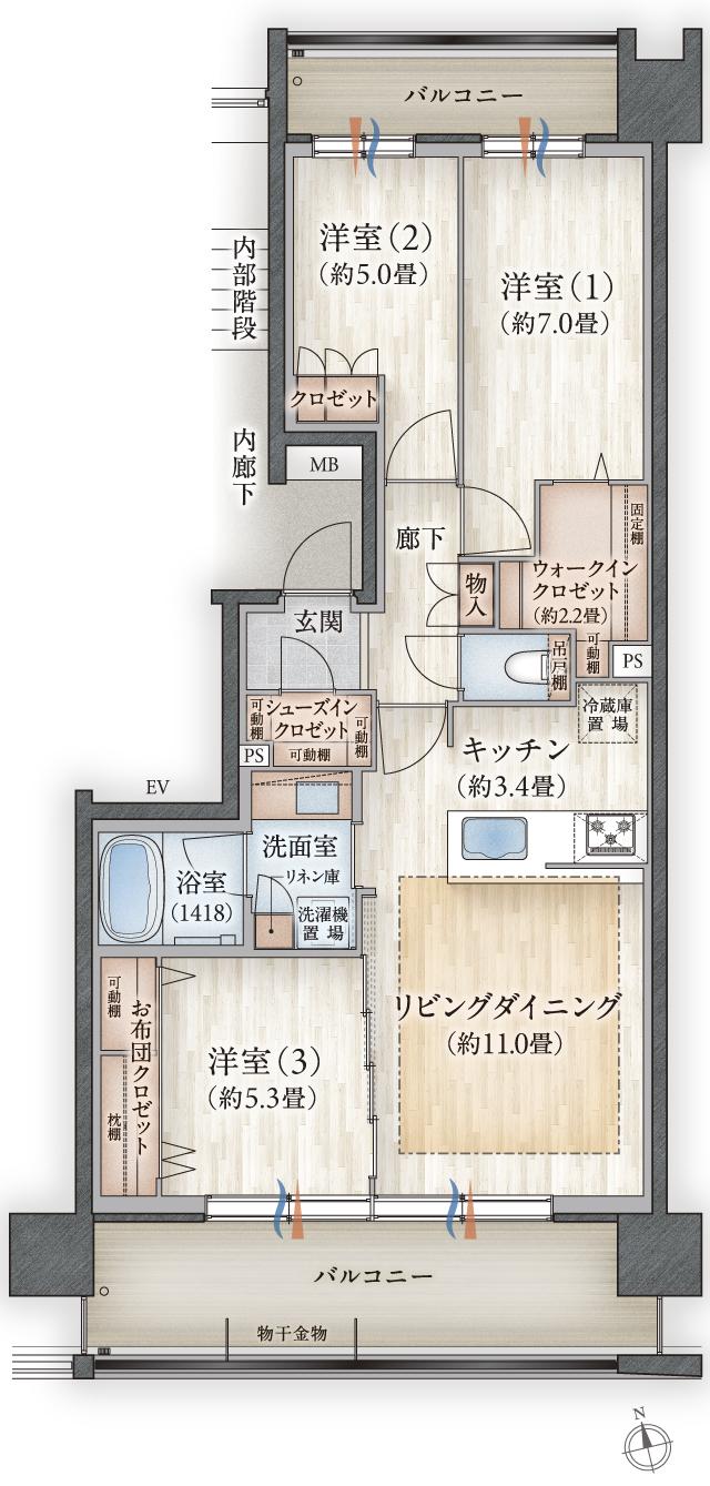 デュオヒルズ弘前駅前の間取り図　B1：3LDK+WIC+SIC+FC