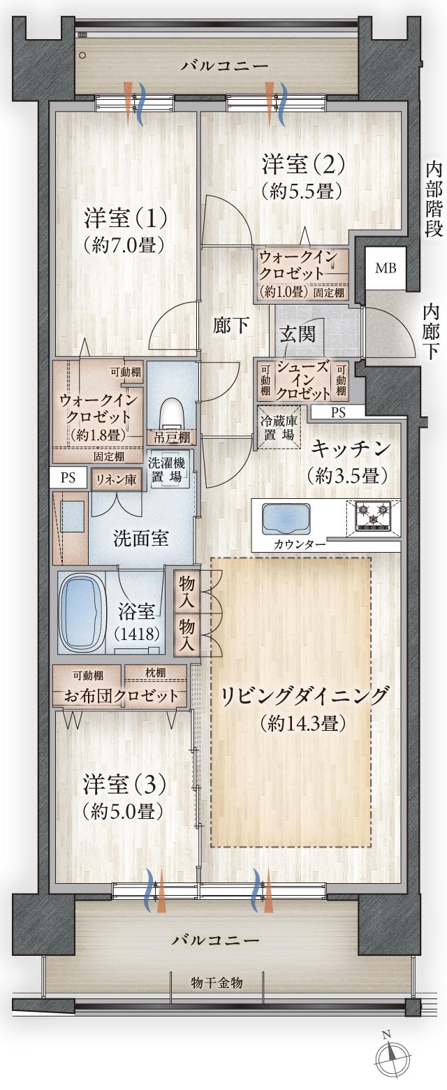 デュオヒルズ弘前駅前の間取り図　C：3LDK+2WIC+SIC+FC