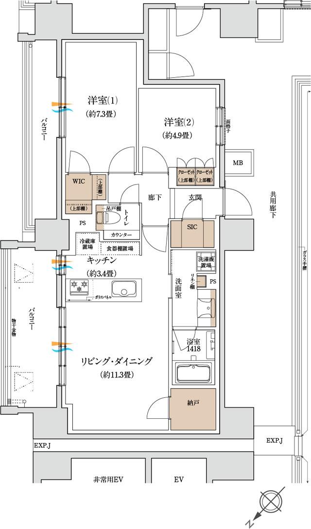 ザ・ミッドシティ盛岡駅西通の間取り図　I：2LDK+WIC+SIC+納戸