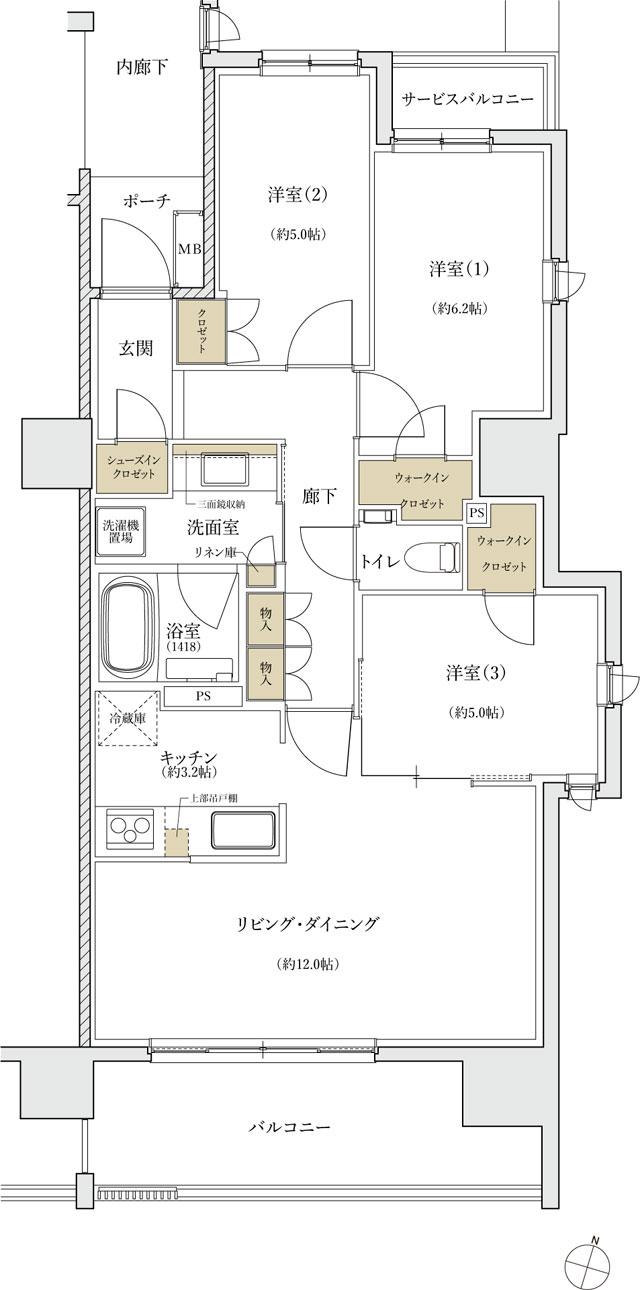 シエリア仙台定禅寺通の間取り図　A：3LDK+2WIC+SIC