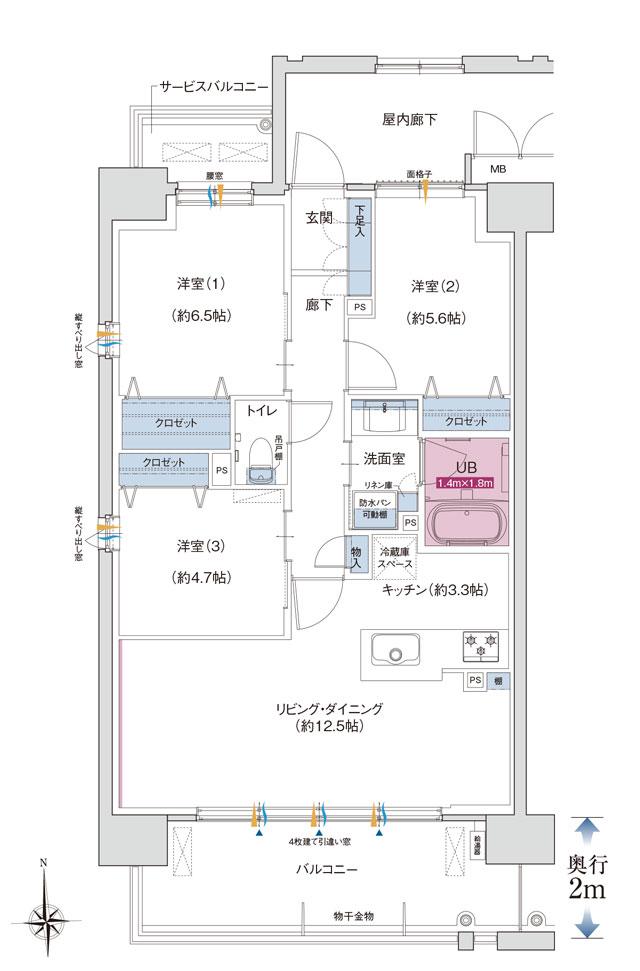 ポレスター鶴岡駅前プレミアの間取り図　A：3LDK