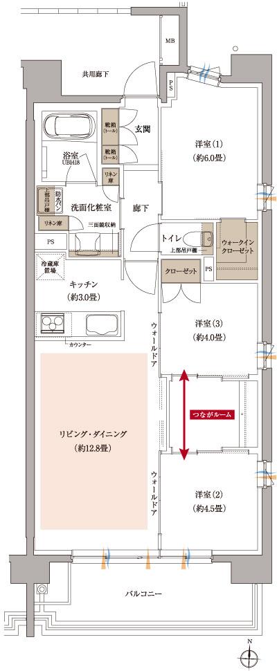 プラウド泉中央フロントの間取り図　F：3LDK+つながルーム+WIC