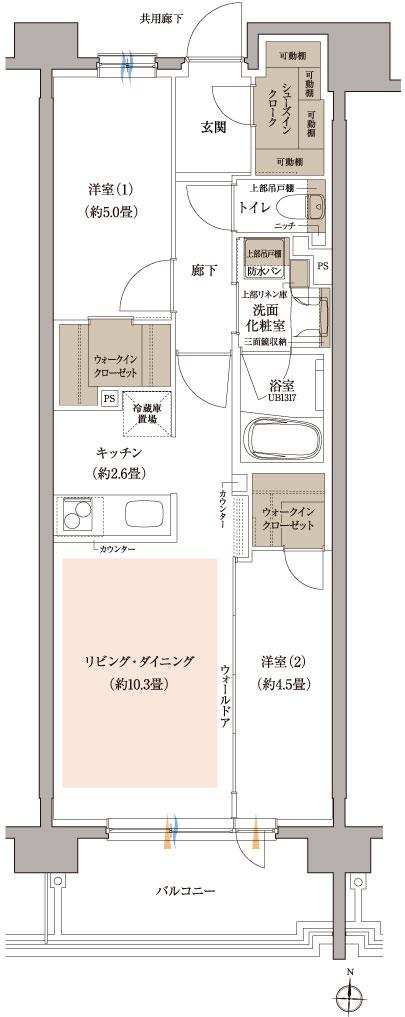 プラウド泉中央フロントの間取り図　E：2LDK+2WIC+SIC