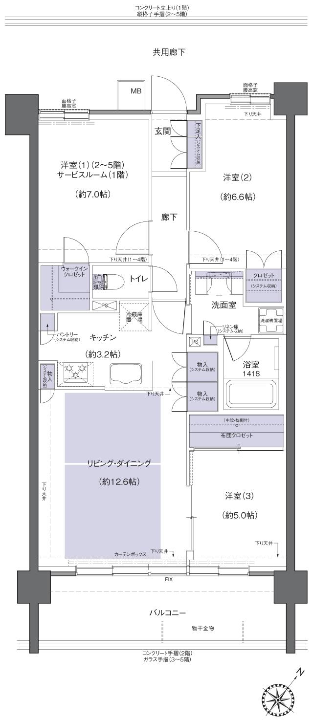 レーベン鶴岡 GRAN MARK TERRACEの間取り図　BE：3LDK+WIC+FC