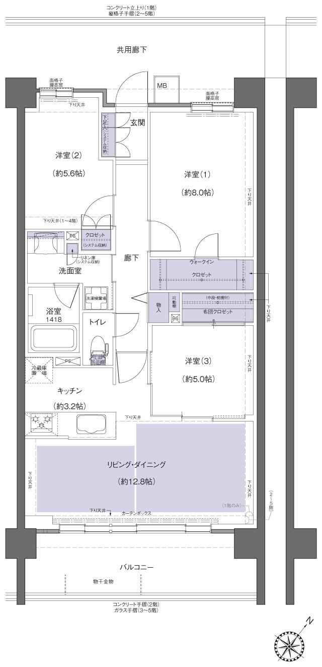 レーベン鶴岡 GRAN MARK TERRACEの間取り図　BI：3LDK+WIC+FC