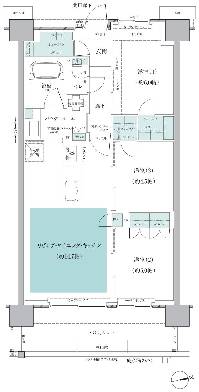 ファインレジデンス武蔵新城の間取り図　F：3LDK+2WIC+SIC