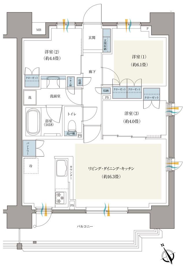 リーフィアレジデンス八王子北野の間取り図　D：3LDK