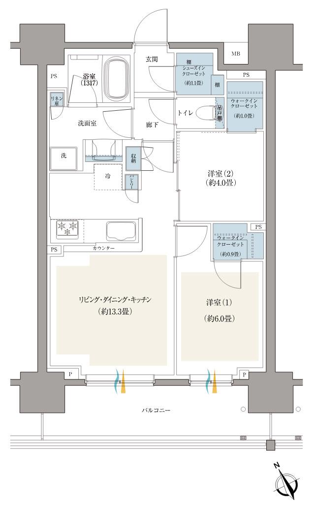 リーフィアレジデンス八王子北野の間取り図　C：2LDK+2WIC+SIC
