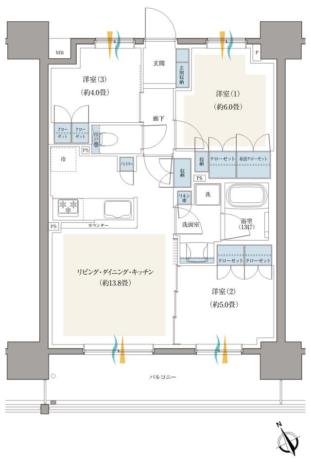 リーフィアレジデンス八王子北野の間取り図　B：3LDK+布団クローゼット