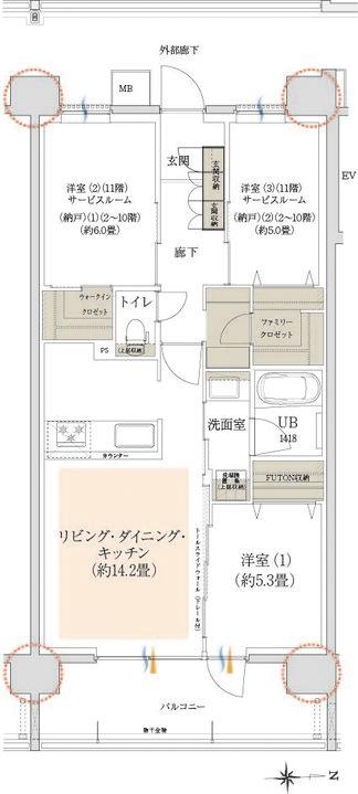 イニシア新小岩親水公園の間取り図　B2(2～10階)：1LDK+2S+WIC+FC