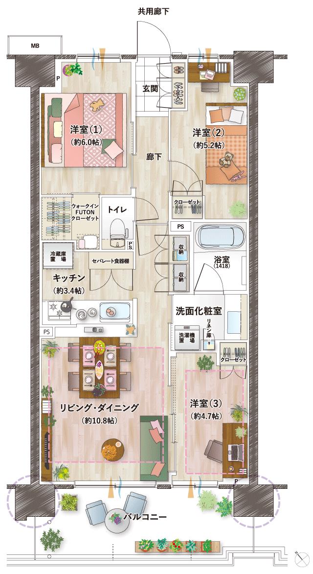 ルピアグランデみずほ台の間取り図　A3：3LDK+WIFC