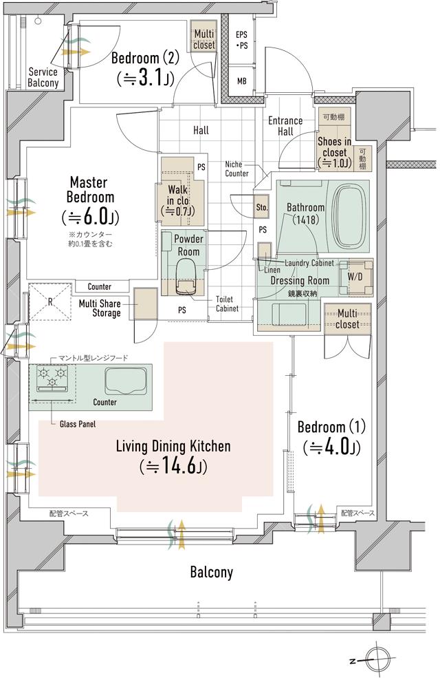 オーベルアーバンツ秋葉原の間取り図　G：3LDK+WIC+SIC