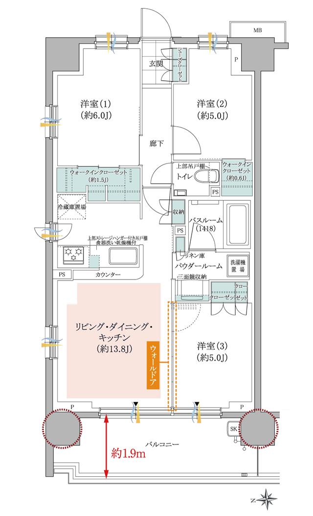 ガーラ・レジデンス桜ヶ丘の間取り図　A1：3LDK+2WIC