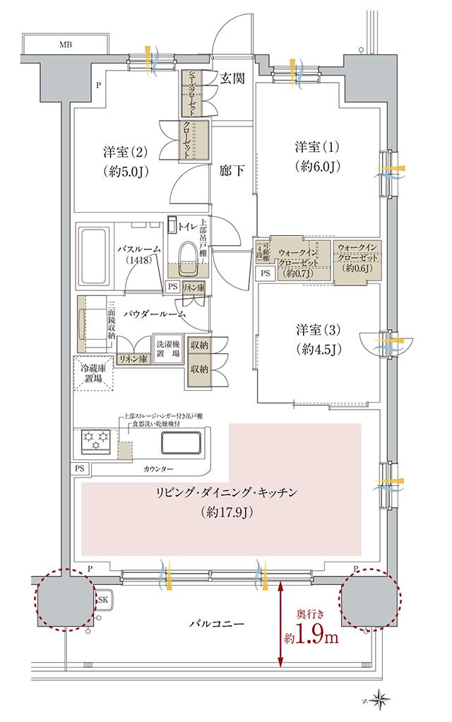 ガーラ・レジデンス湘南台の間取り図　C(SELECT1)：3LDK+2WIC