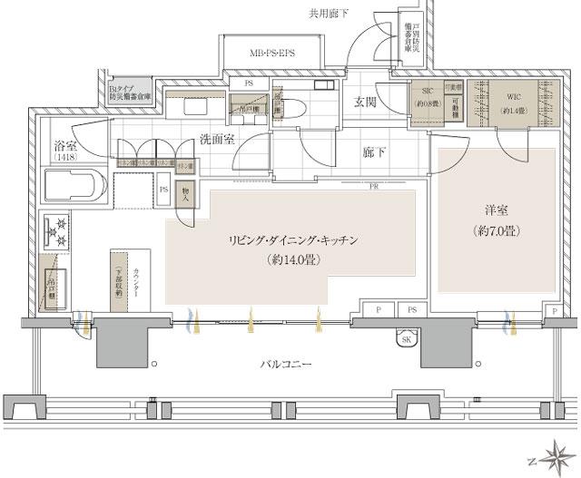 ザ・パークハウス 千代田三番町の間取り図　A1：1LDK+WIC+SIC