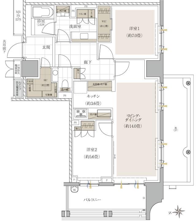 ザ・パークハウス 千代田三番町の間取り図　C1：2LDK+WIC+SIC