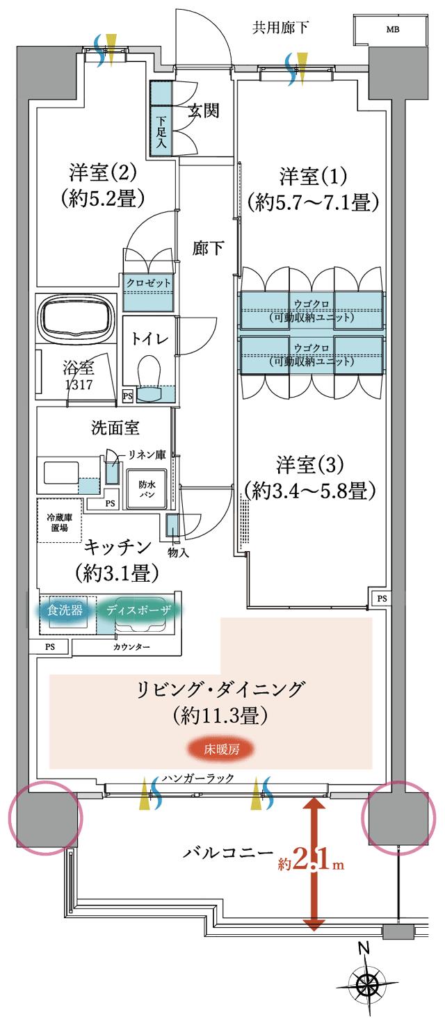 TOKYO LINK WITH TOWN PROJECT（東京リンクウィズタウンプロジェクト）の間取り図　E1：3LDK