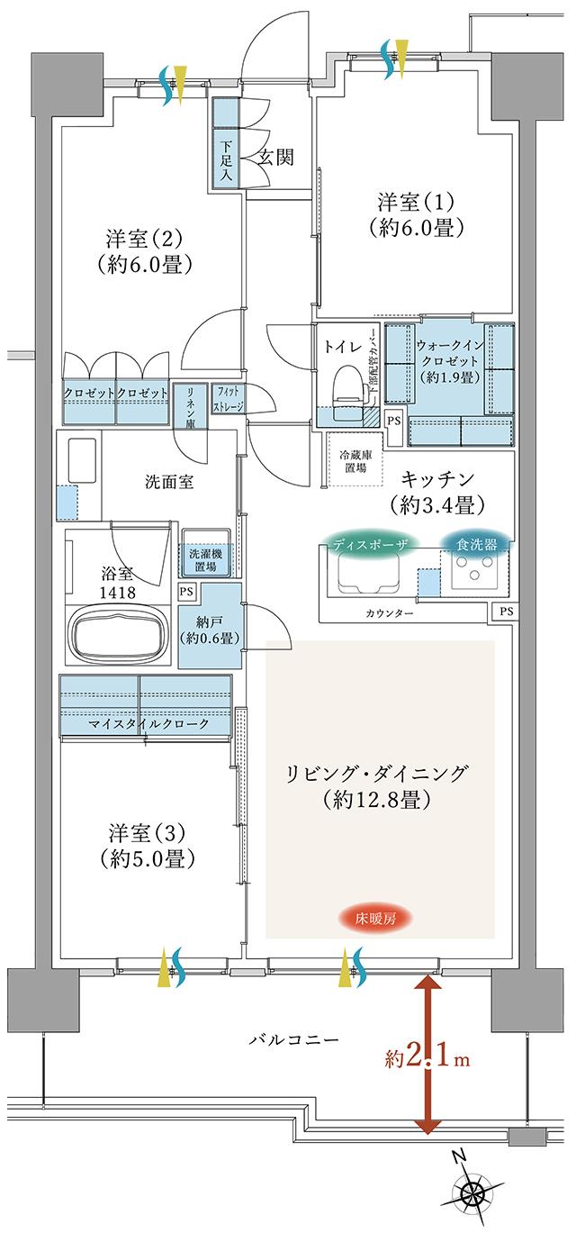 TOKYO LINK WITH TOWN PROJECT（東京リンクウィズタウンプロジェクト）の間取り図　A9：3LDK+WIC+N
