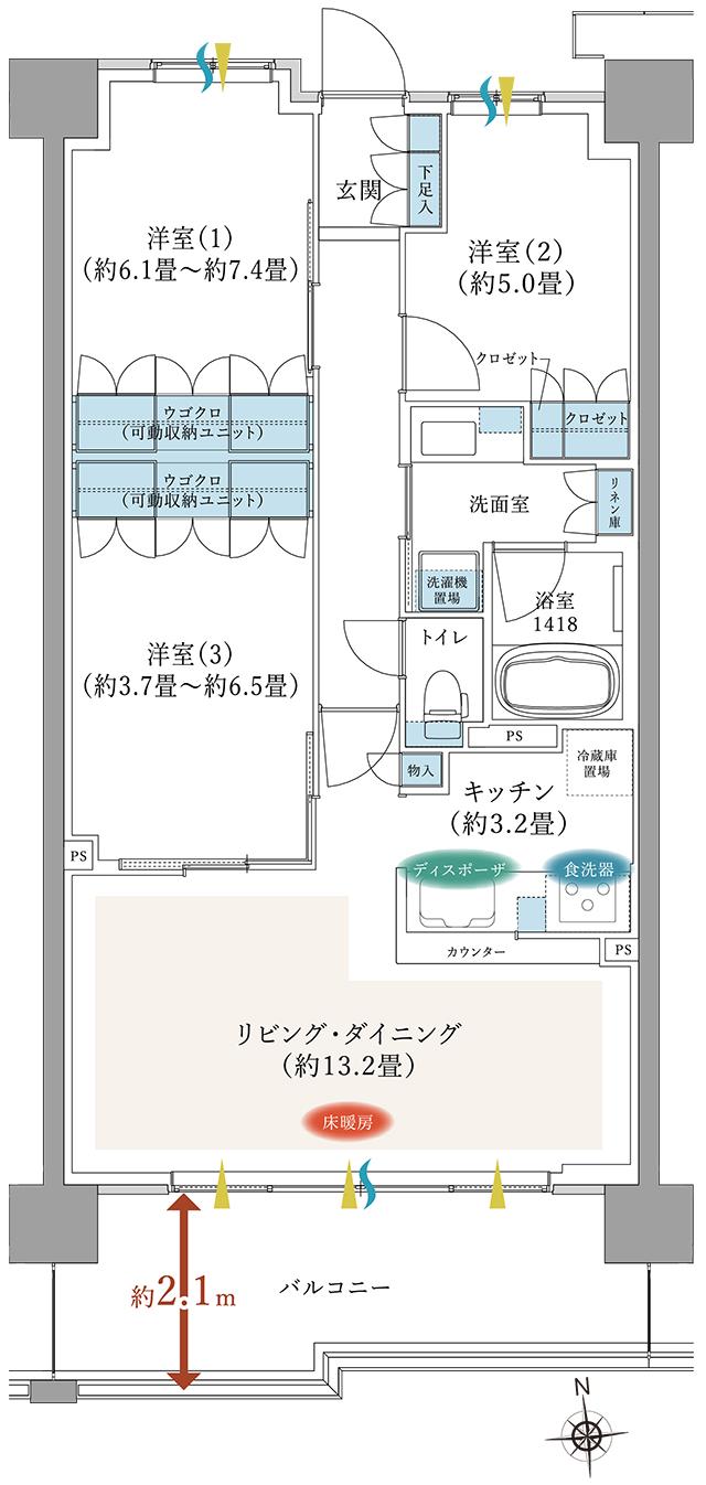 TOKYO LINK WITH TOWN PROJECT（東京リンクウィズタウンプロジェクト）の間取り図　E6：3LDK+ウゴクロ