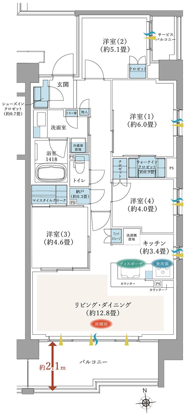 TOKYO LINK WITH TOWN PROJECT（東京リンクウィズタウンプロジェクト）の間取り図　E10：4LDK+WIC+SIC+N